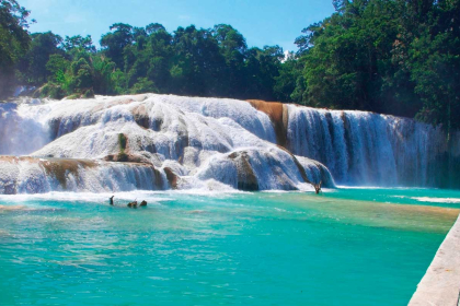 Agua azul: We enter the National Park where you can walk among more than 50 waterfalls with heights of between 3 and 30 metres.