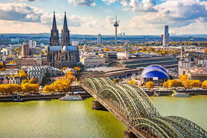 Cologne, a city on the banks of the Rhine where its great Gothic cathedral stands out