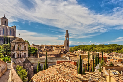 The medieval city of Girona with the Cathedral of Santa María and the Church of San Feliu in Catalonia, Spain.
