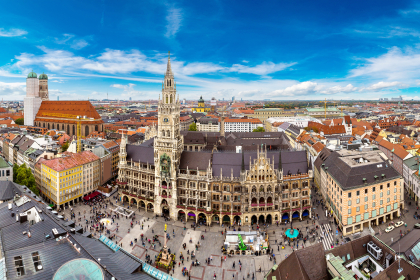 Aerial view of the Marienplatz and Frauenkirche council building in Munich, Germany.