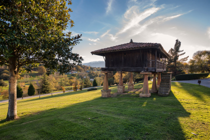 Asturian barn in Winter Park (Horreo del Parque de Invierno), Oviedo, Spain.