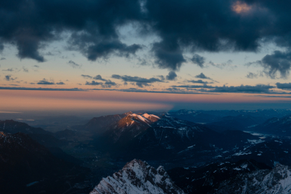 Zugspitze: The beautiful snowy mountains of Zugspitze in the German Alps.